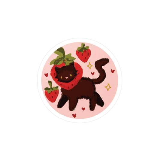 black strawberry cat circle sticker