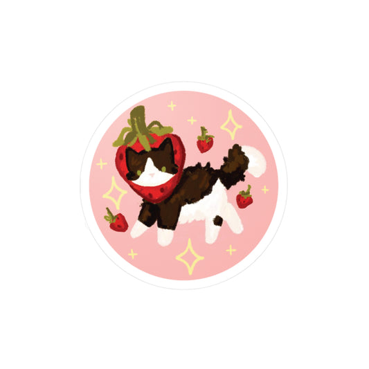 black and white strawberry cat circle sticker