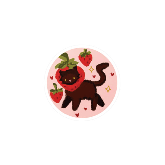 black strawberry cat circle sticker