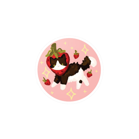 black and white strawberry cat circle sticker